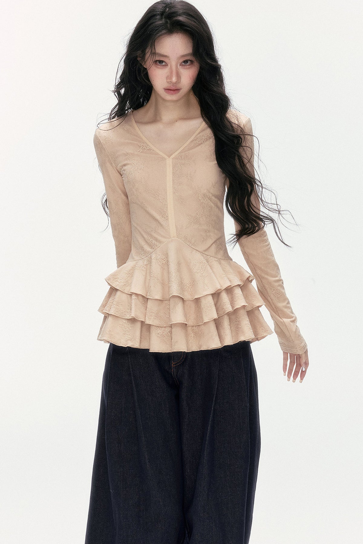 V-Neck Lace Tiered Top