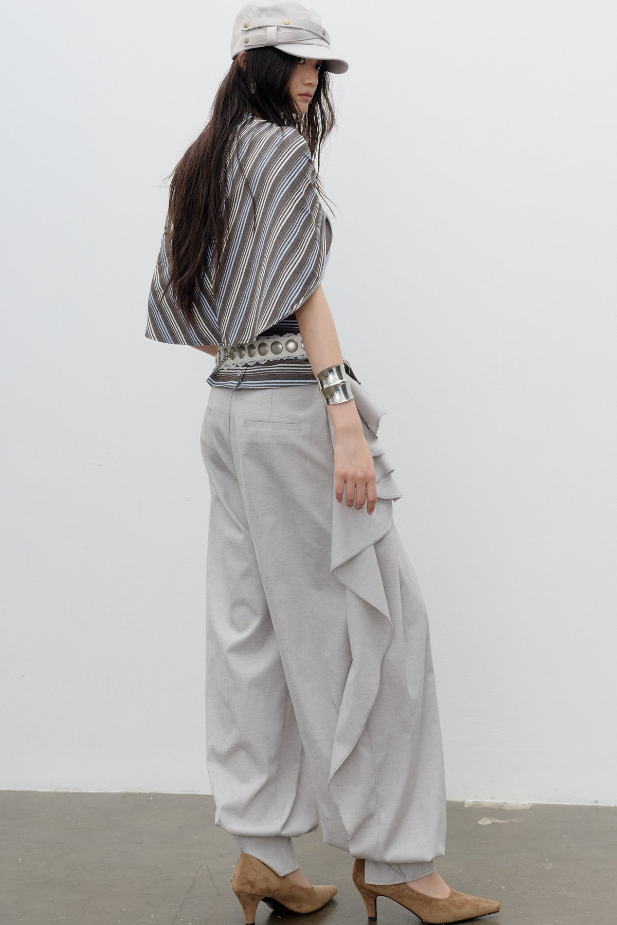 Striped Cape Shawl-Style Halter Neck T-Shirt