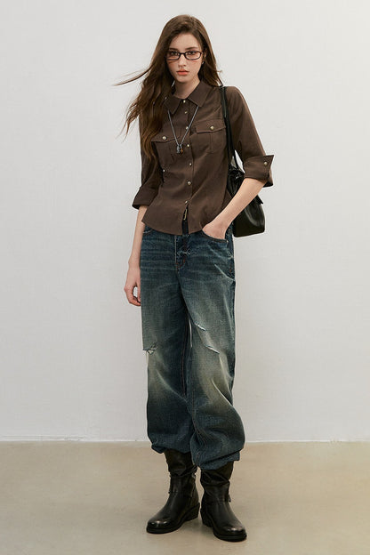 Three-Quarter Sleeve Pocket Work Shirt