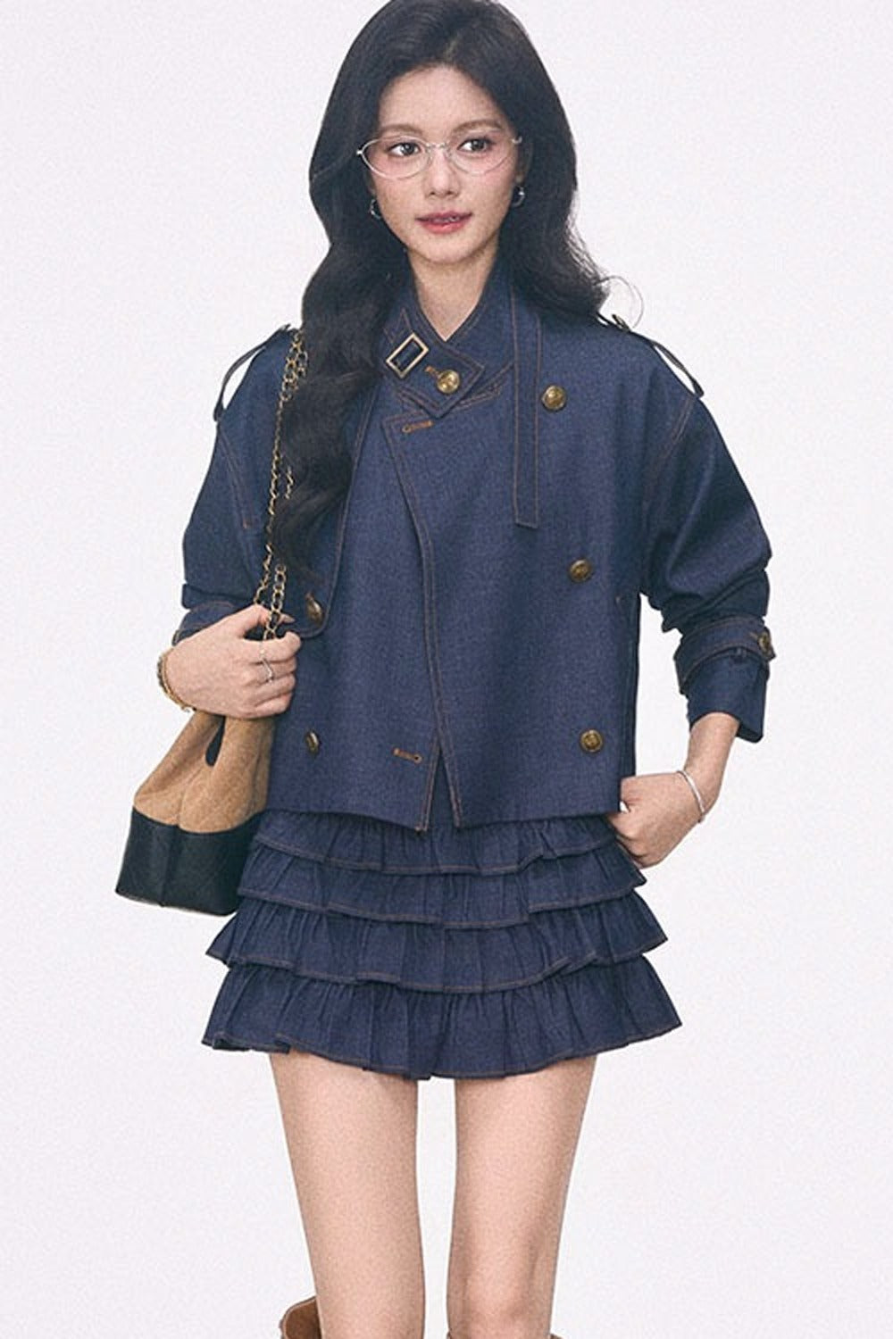 Imitation Denim Short Jacket and Cake Skirt Set