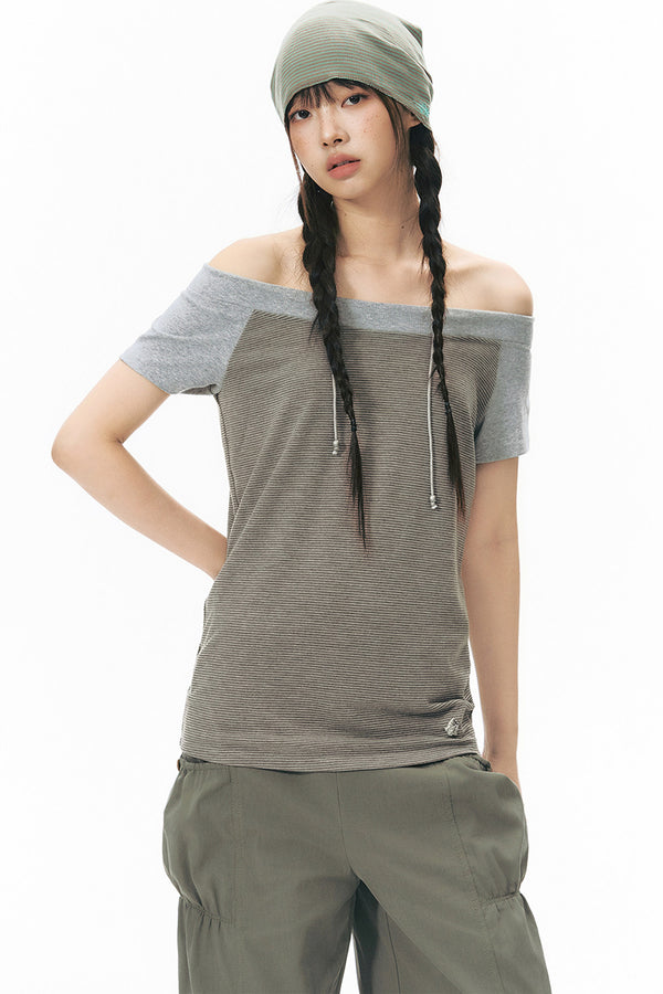 Off-Shoulder Striped Raglan T-Shirt