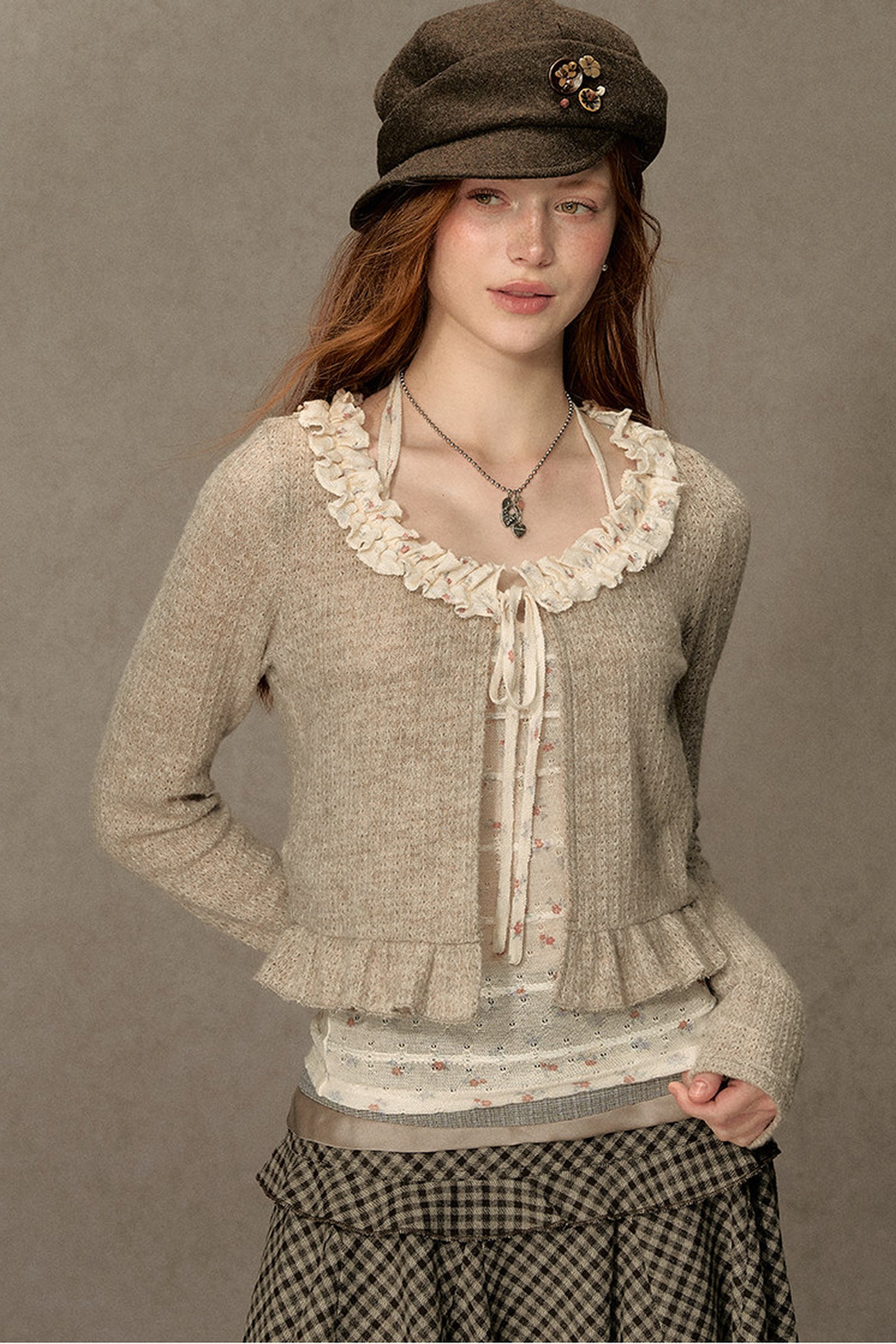 Ruffled Knit Cardigan With Camisole