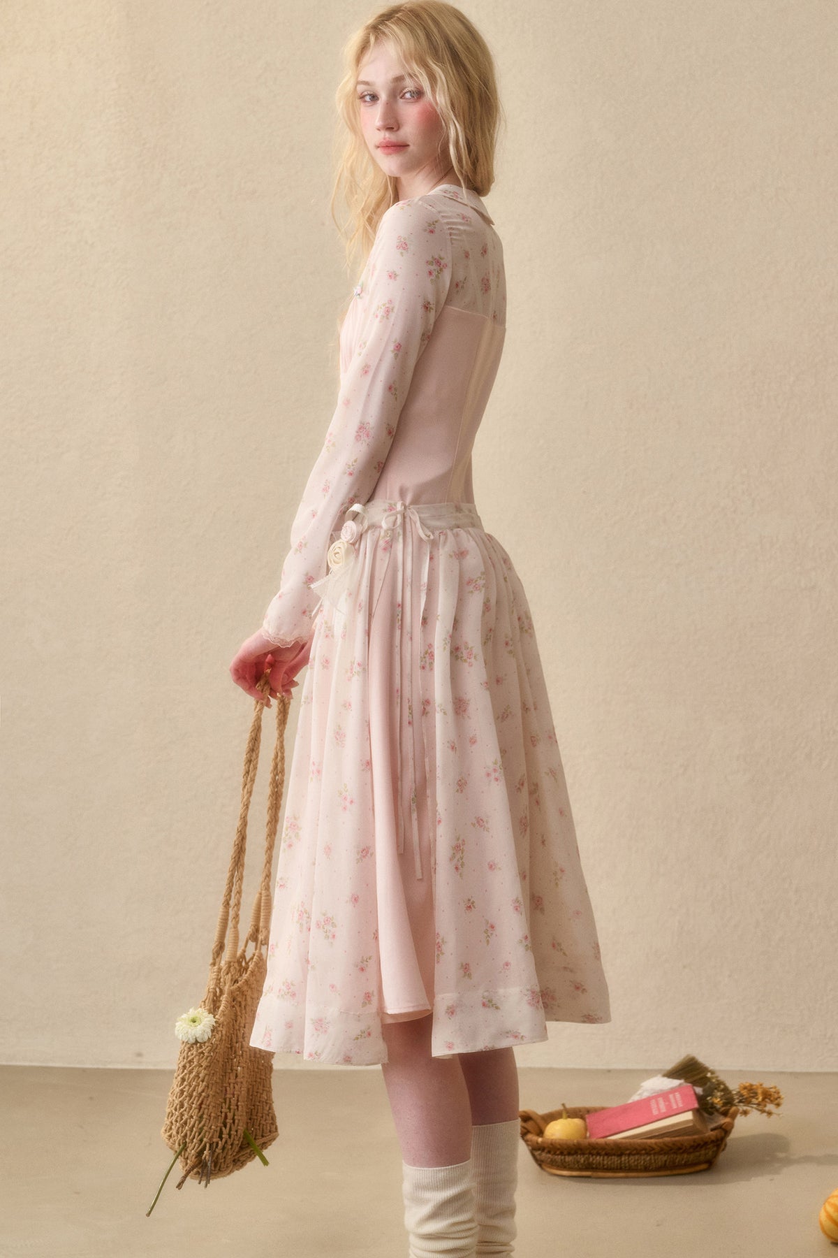 Peach Floral Satin Tencel Dress With Skirt Set-Up