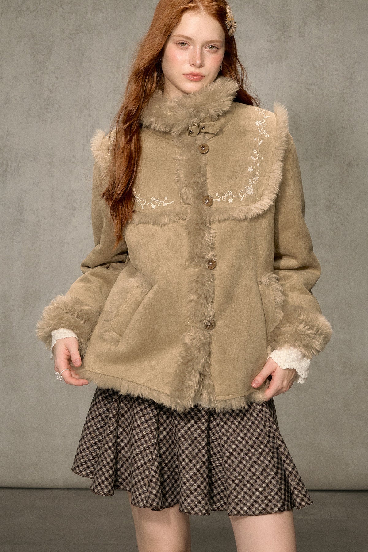 Embroidered Fur Collar Shearling Jacket