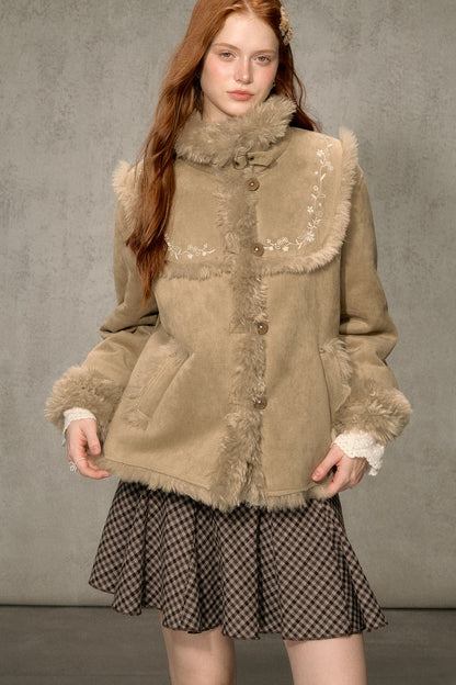 Embroidered Fur Collar Shearling Jacket