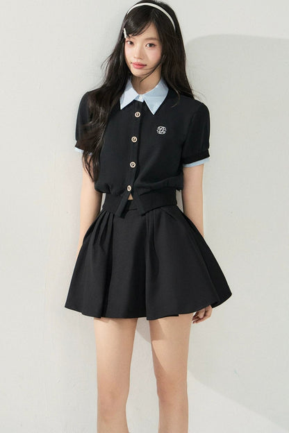 Color-Block Short-Sleeve Cardigan and Puffy Skirt Set