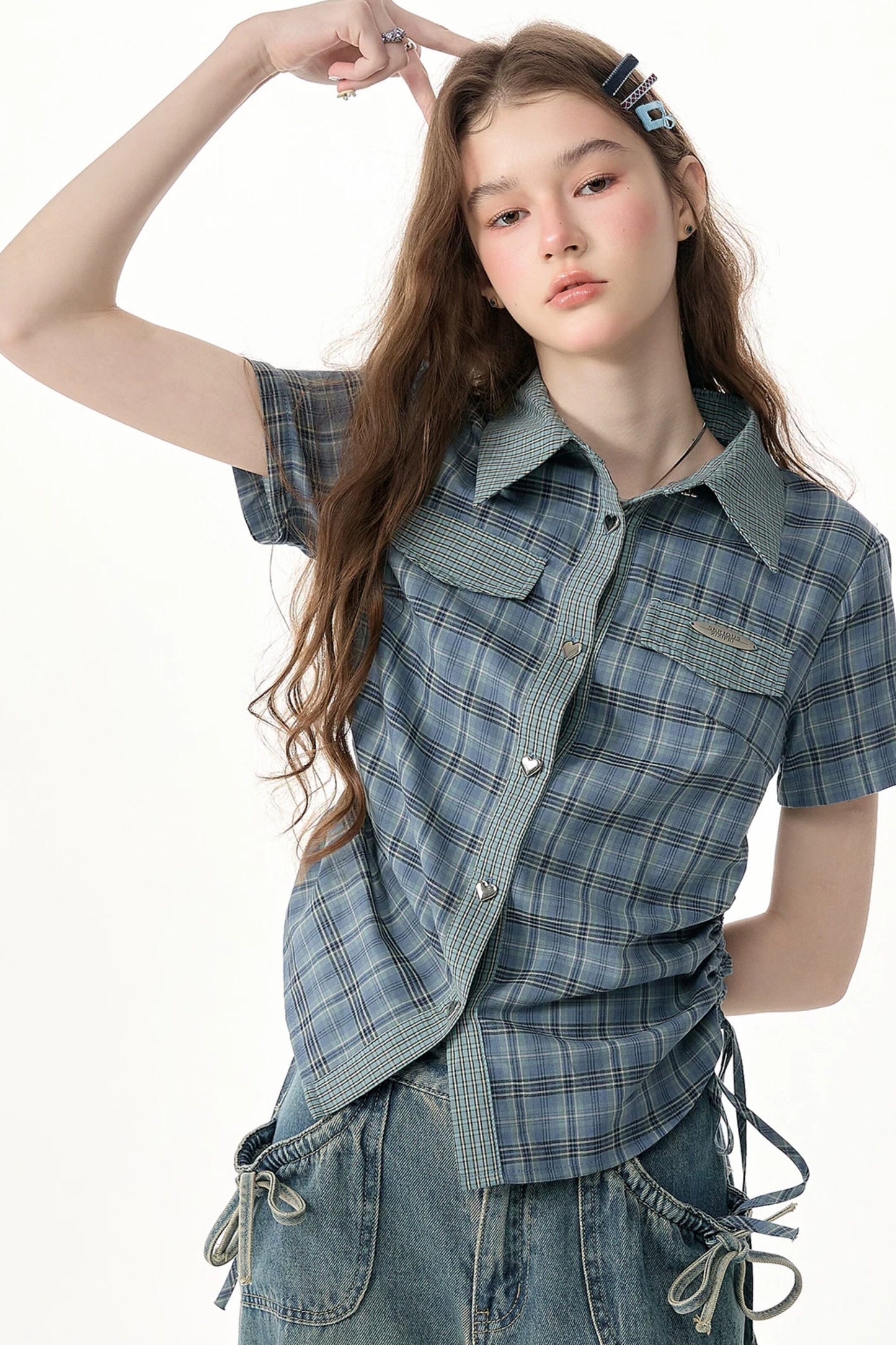 Camicia a maniche corte con motivo scozzese blu e verde