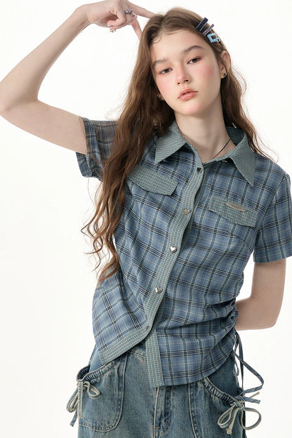 Camicia a maniche corte con motivo scozzese blu e verde