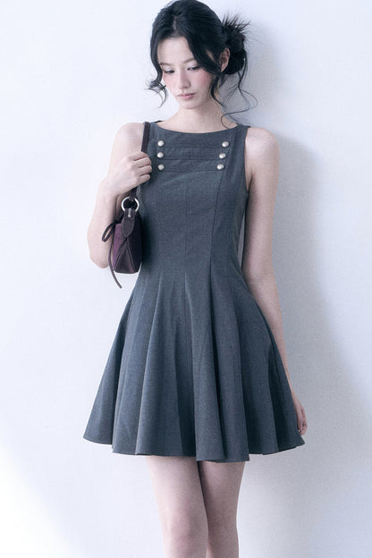 Decorative Button Sleeveless Flared Dress