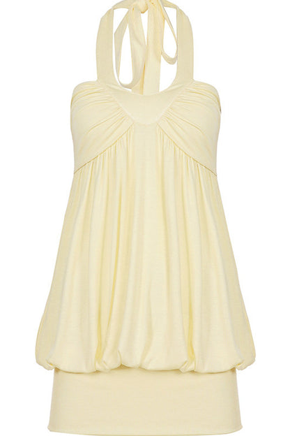 Solid Color Halter V-Neck Backless Ruched Dress