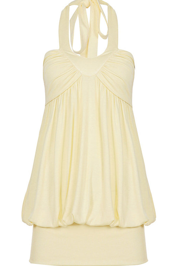 Solid Color Halter V-Neck Backless Ruched Dress