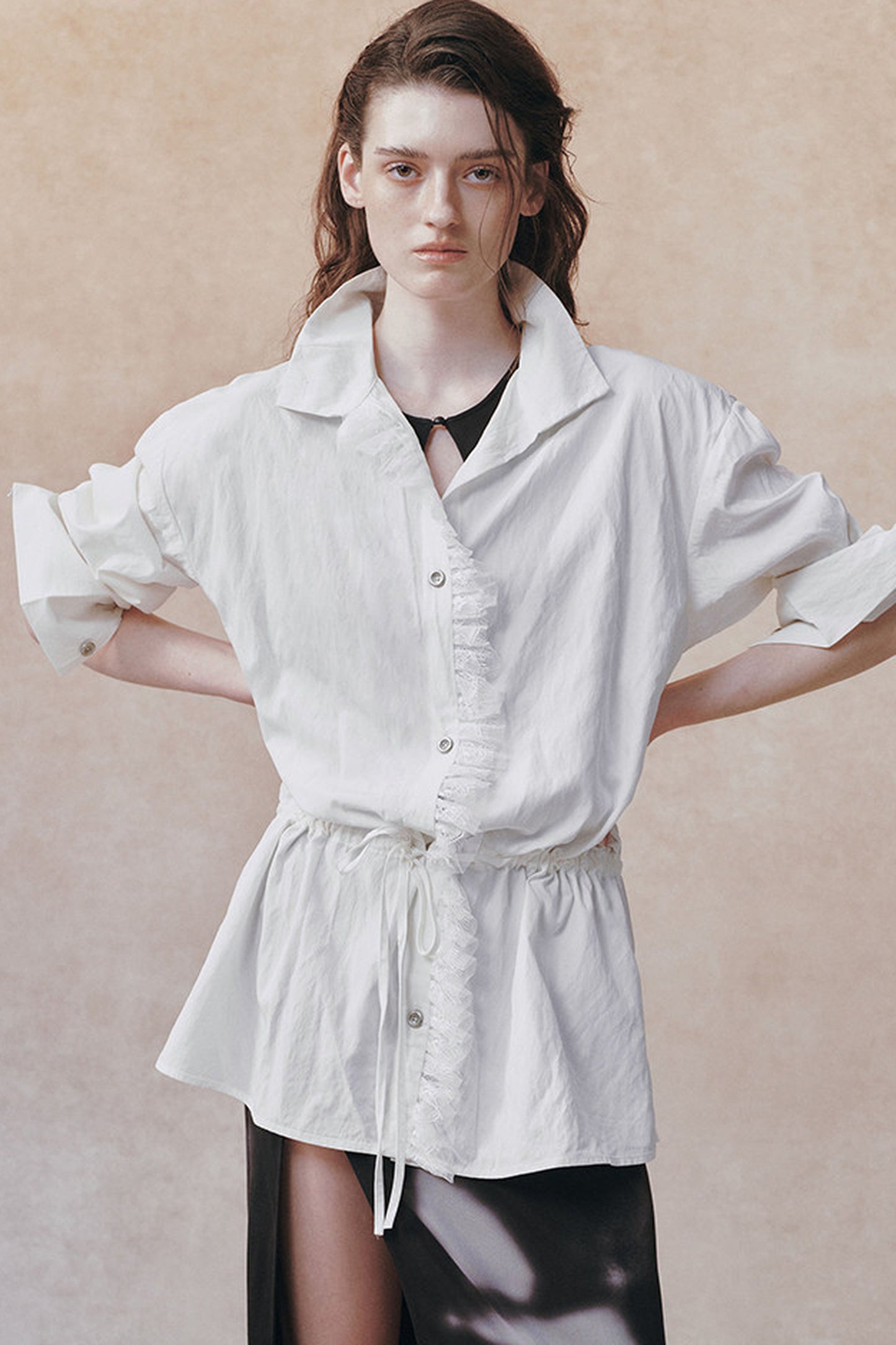 Oversized Crinkled Lace Drawstring Shirt
