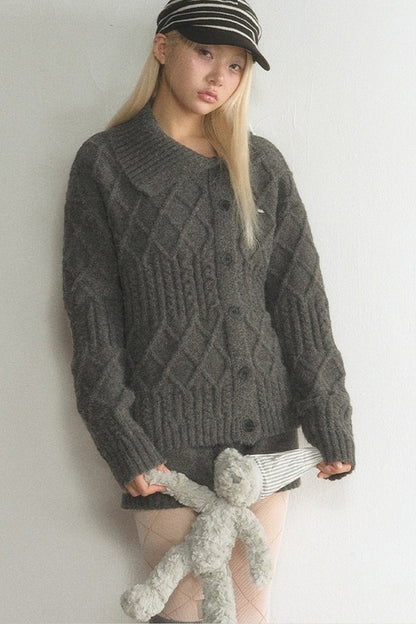 Grey Argyle Knit Cardigan and Shorts Set-Up