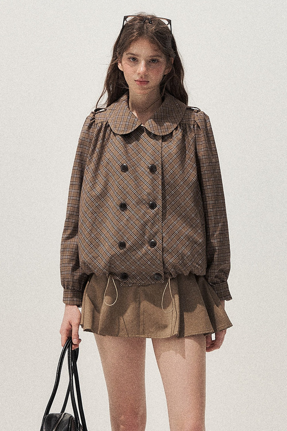 Brown Doll Collar Trench Coat and Skirt Set-Up