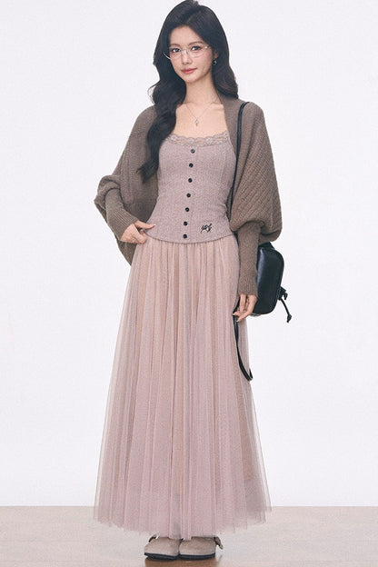 Ensemble 3 pièces en maille avec cardigan à manches chauve-souris et jupe