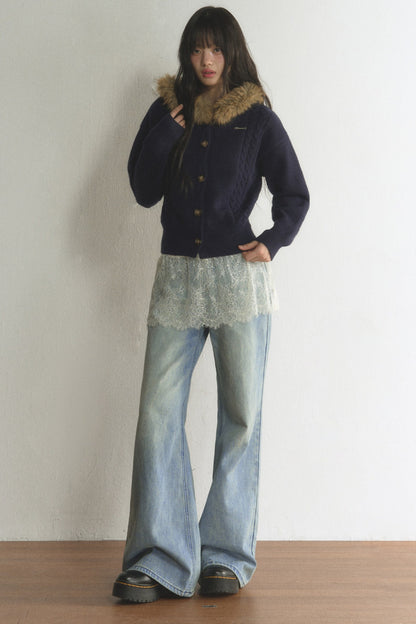 Fur Collar Hooded Cable Knit Cardigan Set-Up