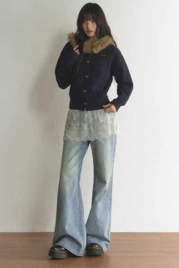 Fur Collar Hooded Cable Knit Cardigan Set-Up