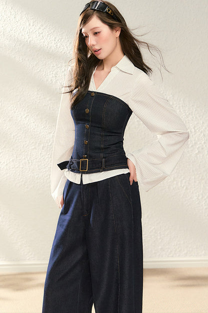 Color-Blocked Denim Two-Piece Set