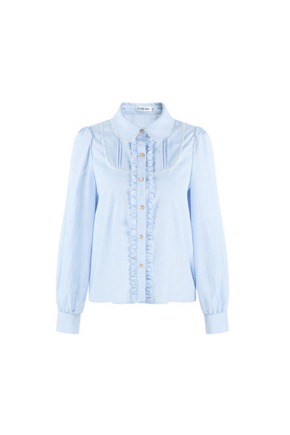 Blue Plaid Long-Sleeved Blouse and Skirt Set-Up