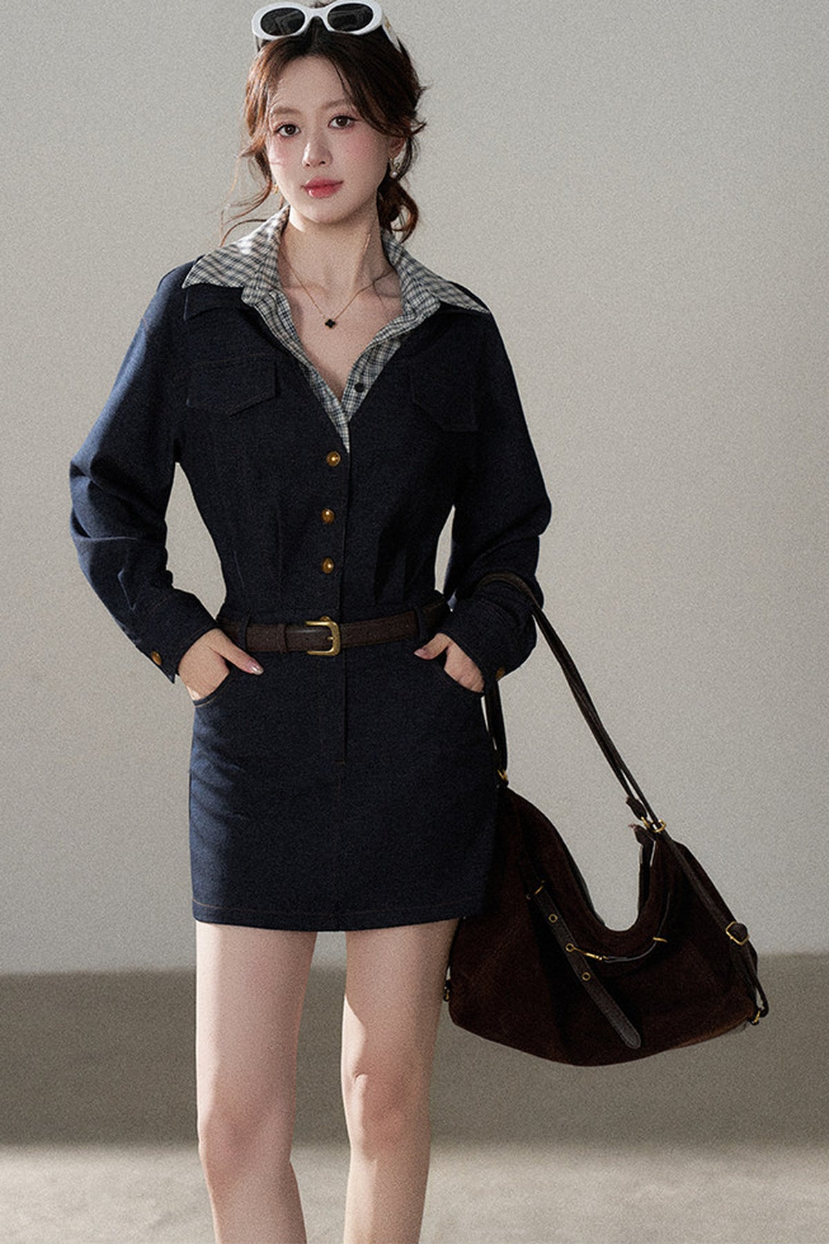 Robe trapèze taille haute à manches longues