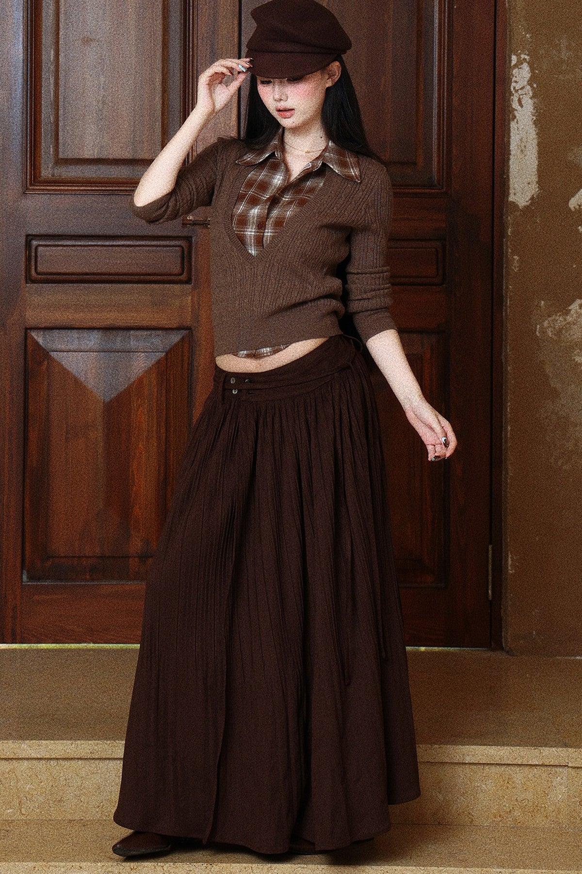 Double-Buckle Pleated Long Skirt