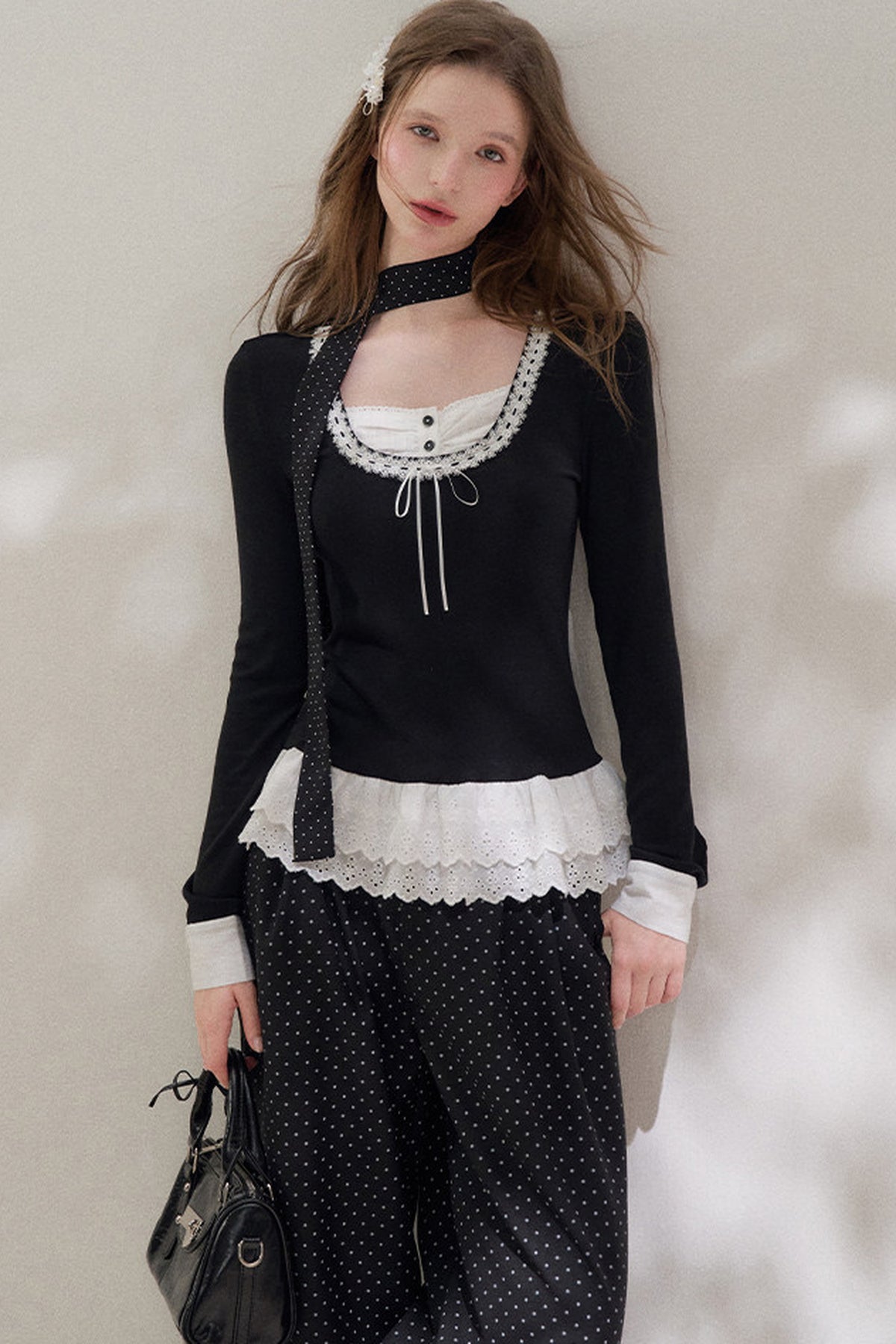 Black Layered-Look Long Sleeve Blouse