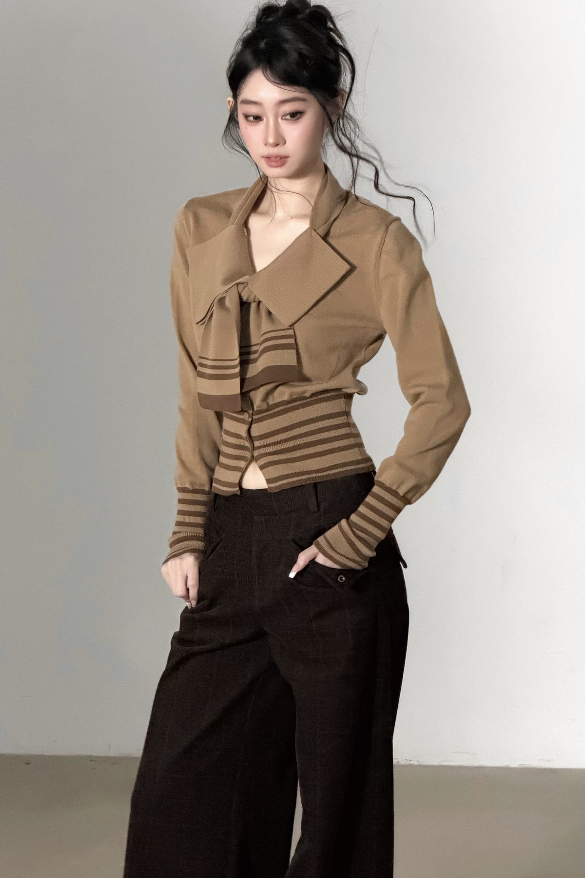 Bow Tie Striped Knit Cardigan