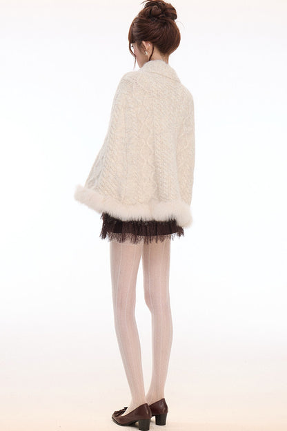 Fox Fur Hem Lapel Cape and Lace Skirt Set-Up