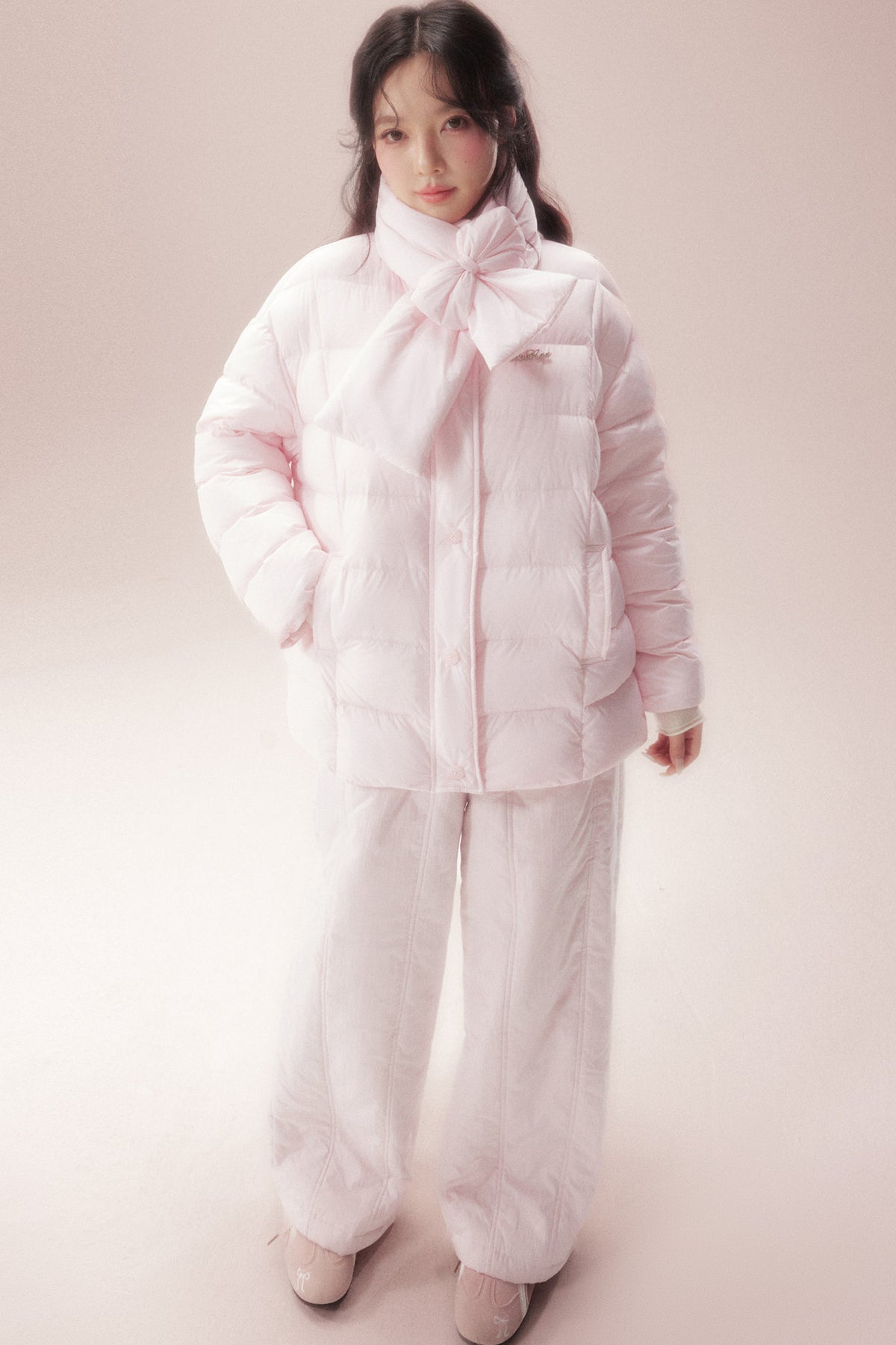 Bow-Knot Scarf Mid-Length Down Jacket