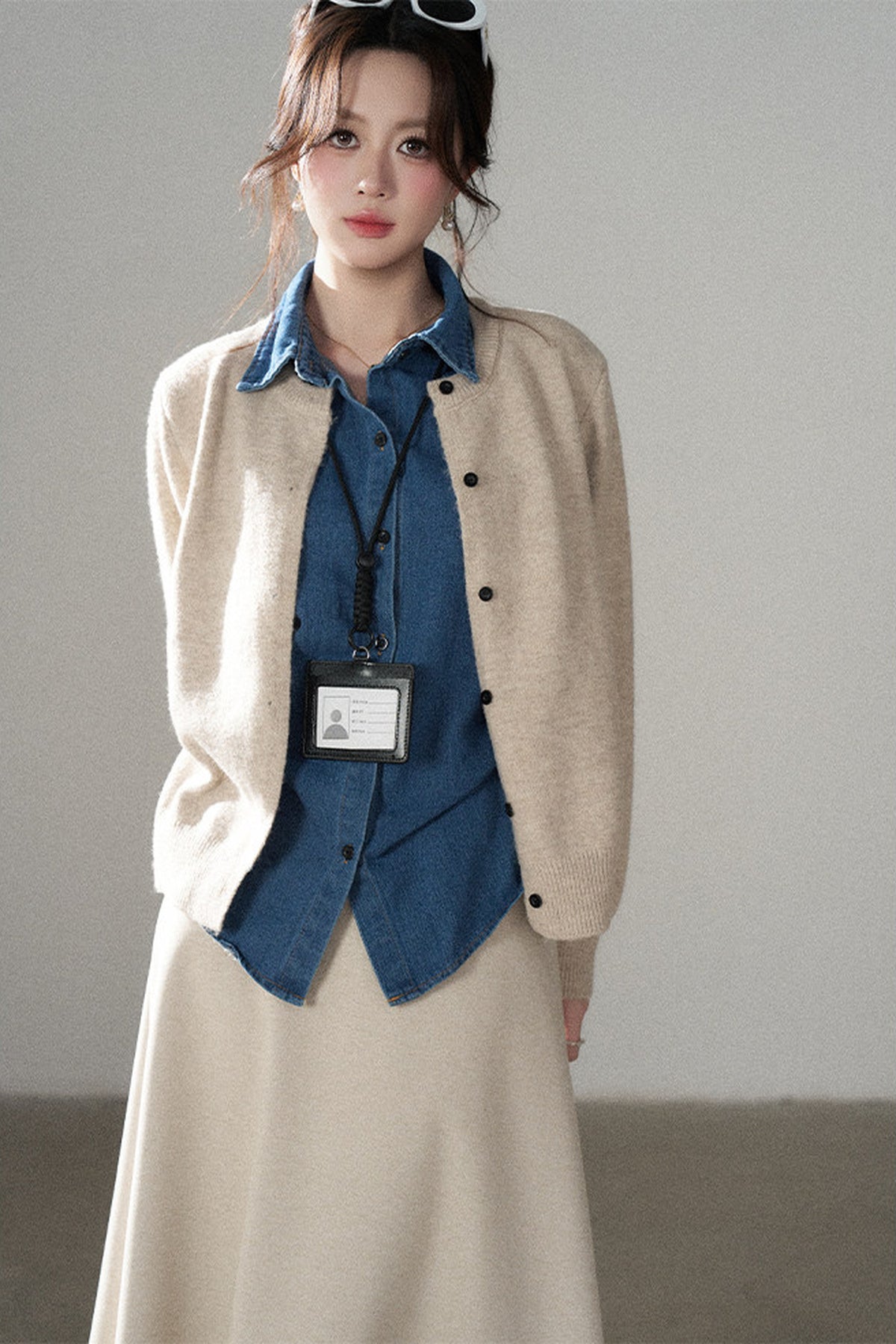 Layered-Look Denim Collar Sweater