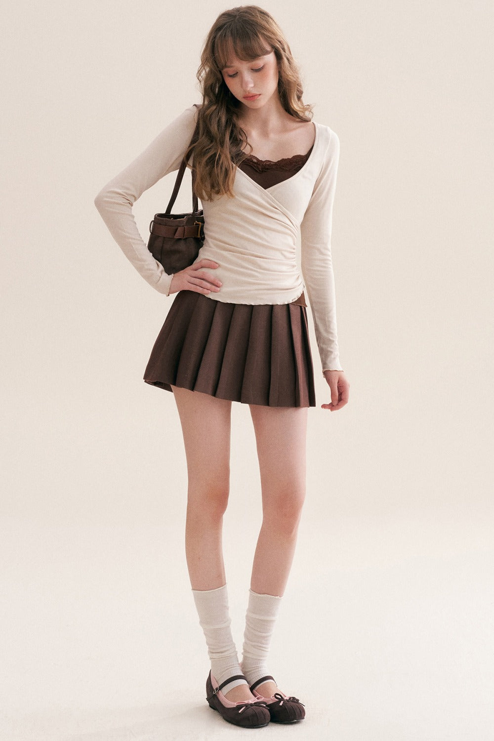 Layered-Look Lace Camisole Cross V-Neck T-Shirt