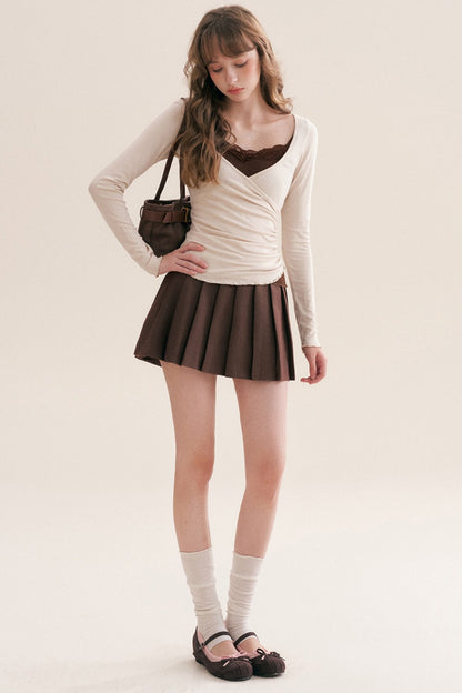 Layered-Look Lace Camisole Cross V-Neck T-Shirt