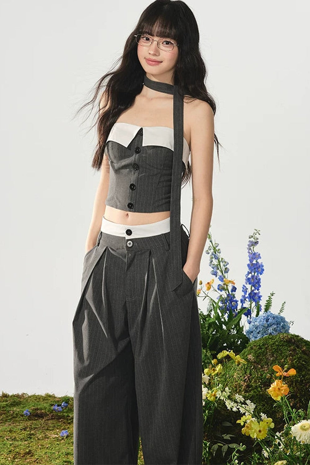 Color-Block Off-Shoulder Top Wide-Leg Pants Set