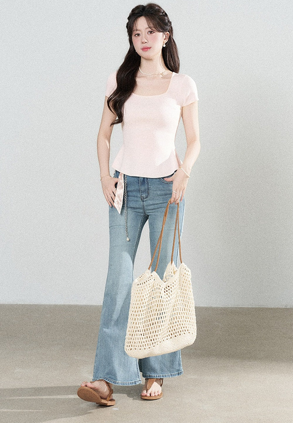 Square Neck Knit Top and Polka Dot Skirt Set-Up