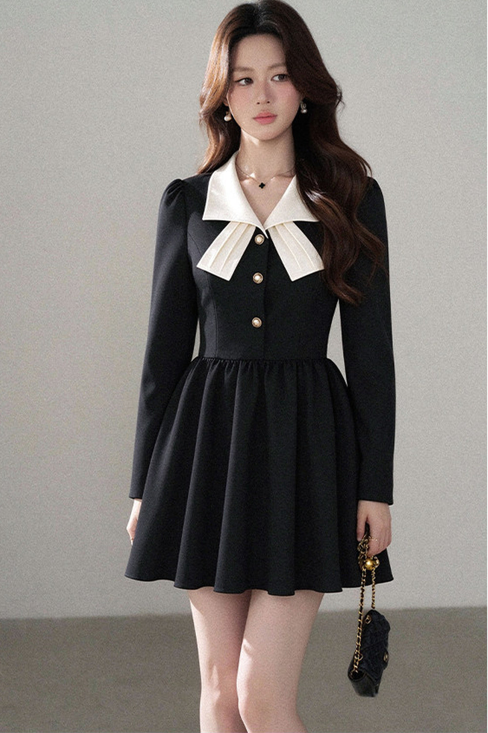 Hepburn Style Black Lapel Dress