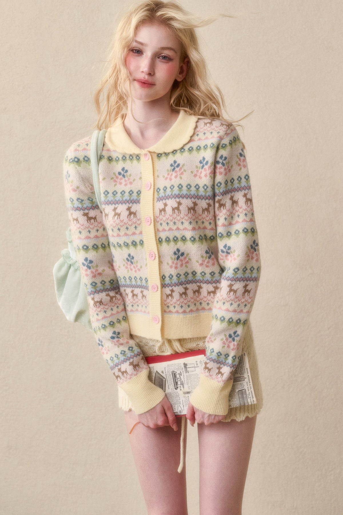 Reindeer Fair Isle Doll Collar Short Cardigan