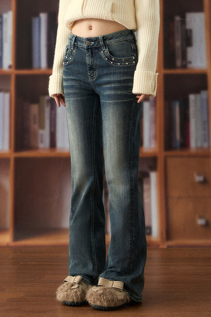 Low-Waist Star-Stud Flared Jeans