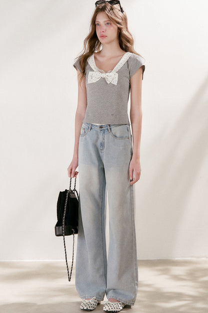 Polka Dot Bow Patchwork Color-Block T-Shirt