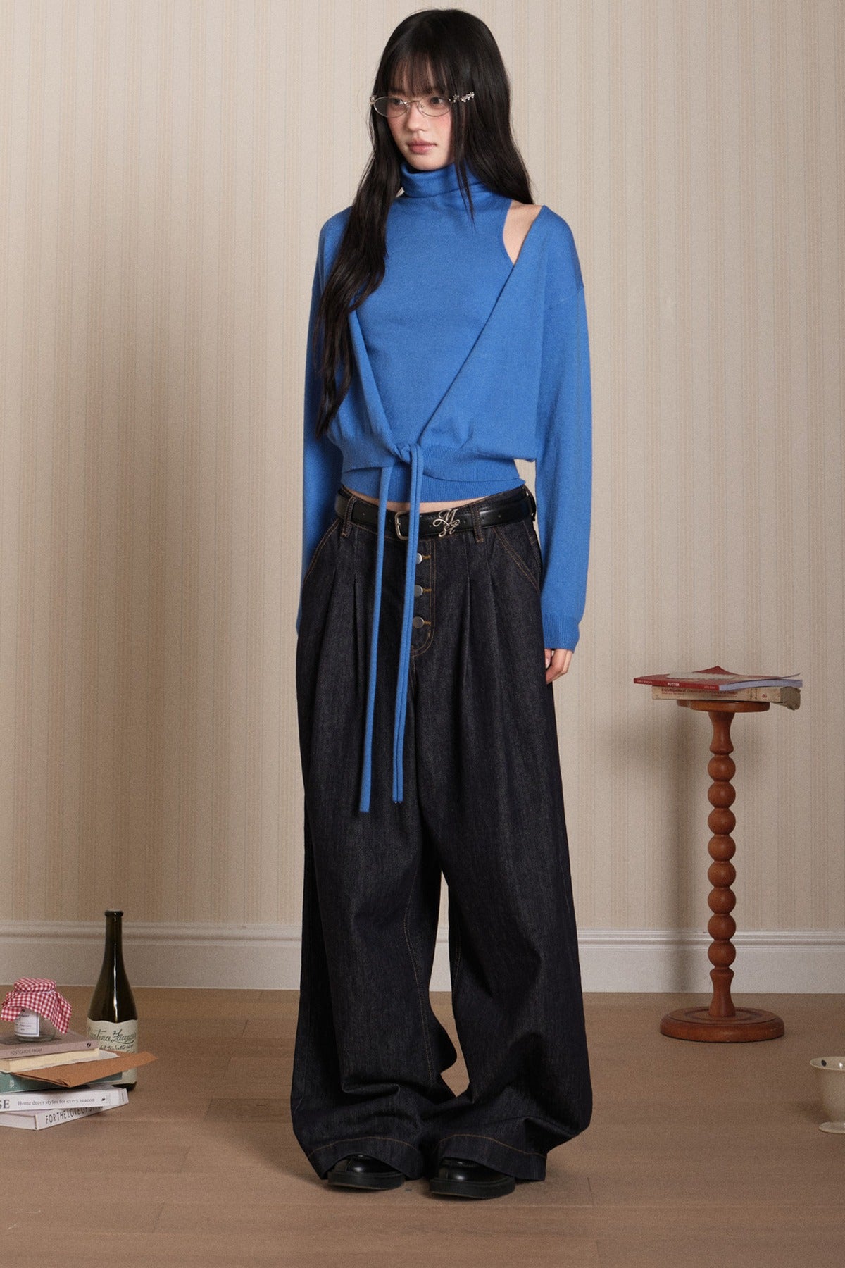 Layered High-Neck Vest and Tie-Up Cardigan Set-Up