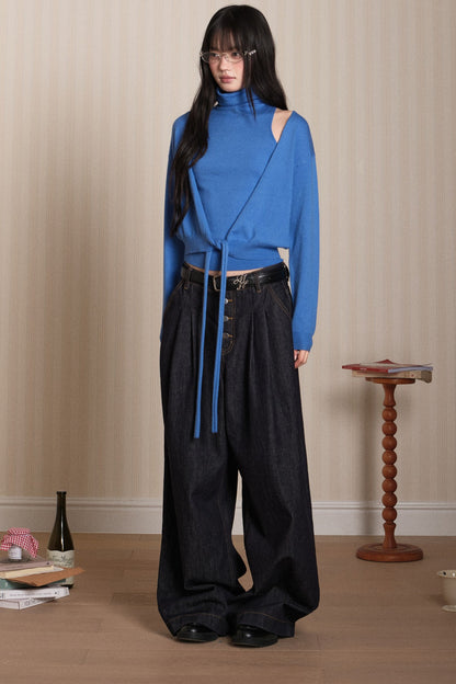Layered High-Neck Vest and Tie-Up Cardigan Set-Up