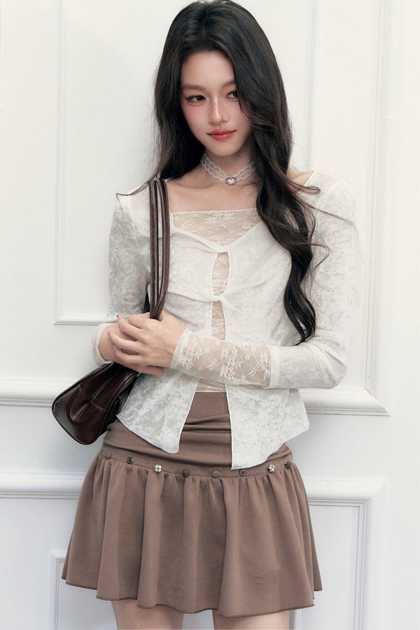 Twisted Hollow Lace Top and Skirt Set-Up