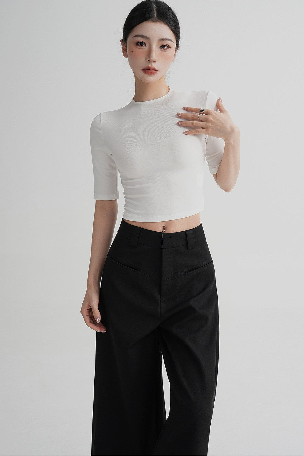 Cropped High Neck Short Sleeve Top