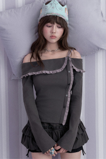 Gray Purple Off Shoulder Top