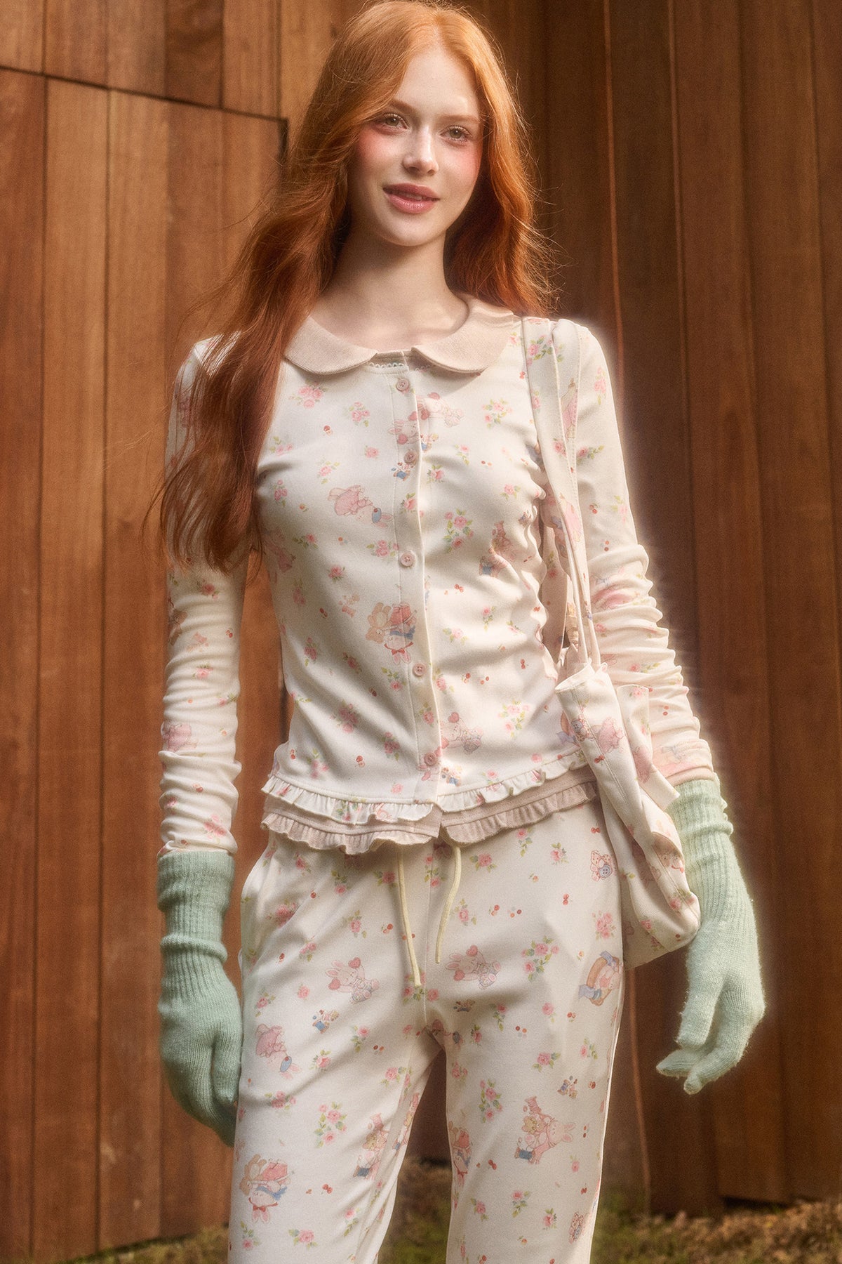 Layered-Look Floral Bunny Cardigan and Pants Set-Up