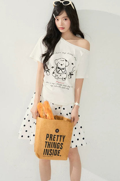White Puppy Print Off-Shoulder Tee
