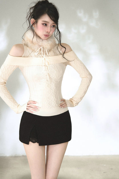 Hollow-Out Off-Shoulder Diamond Knit Top