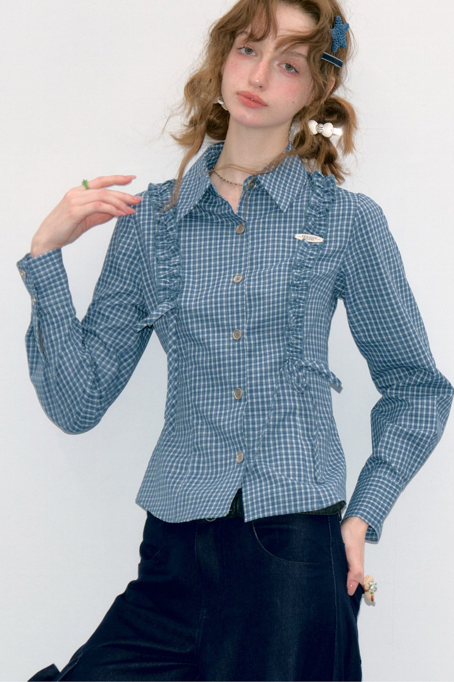Blue Plaid Slimming Long Sleeve Blouse