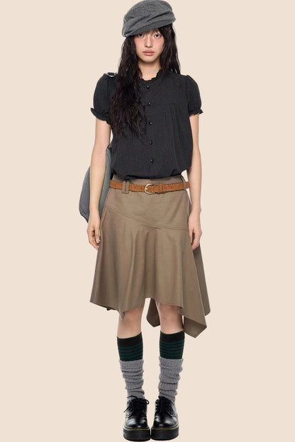 Pleated Lace Collar Short Sleeve Shirt