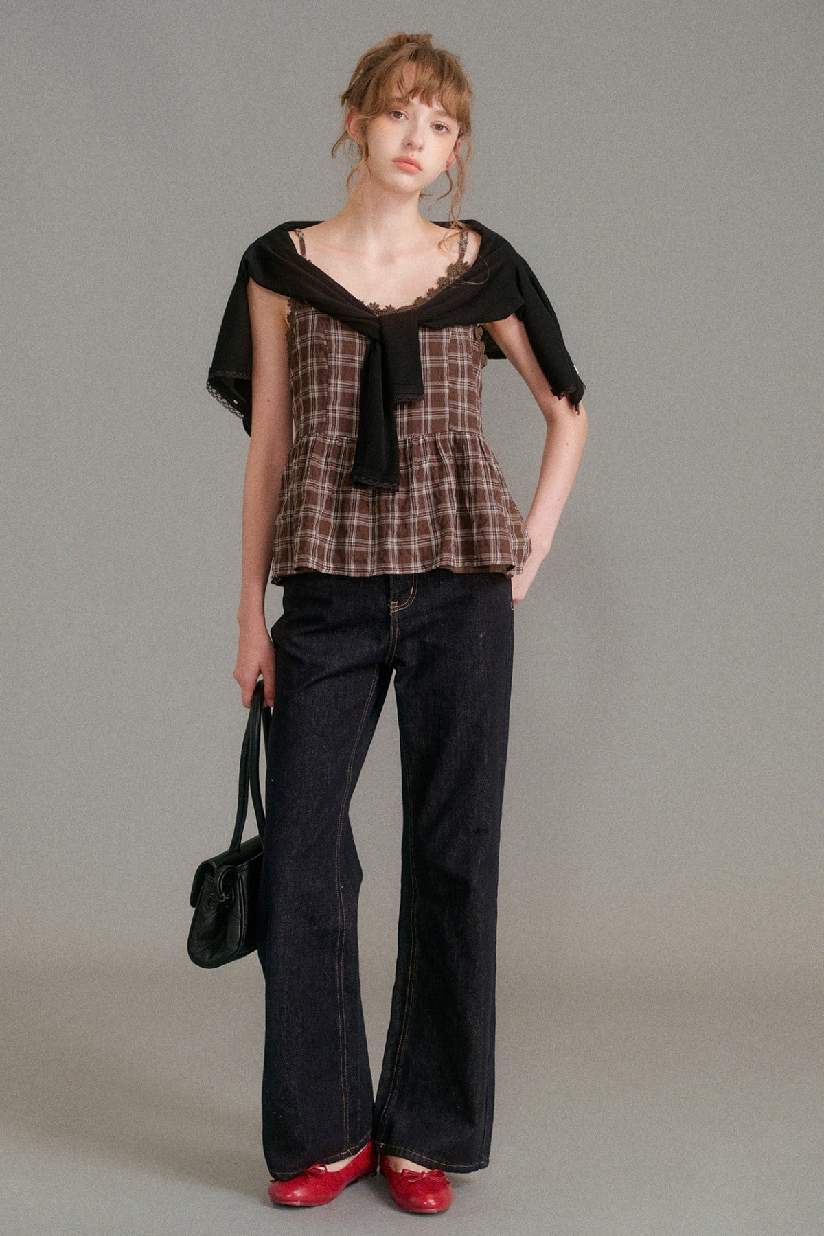 Textured Plaid Daisy Lace Camisole Set-Up