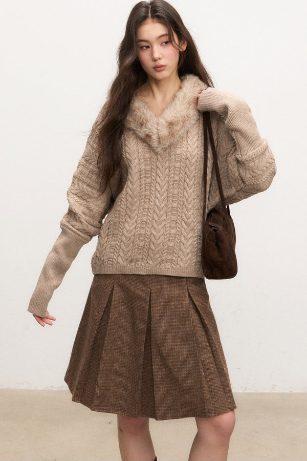 Fur Collar Knit Top and Skirt Set-Up